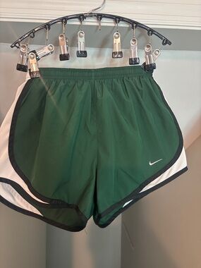 Nike Women's Dark Green Athletic Running Shorts with White and Black Trim